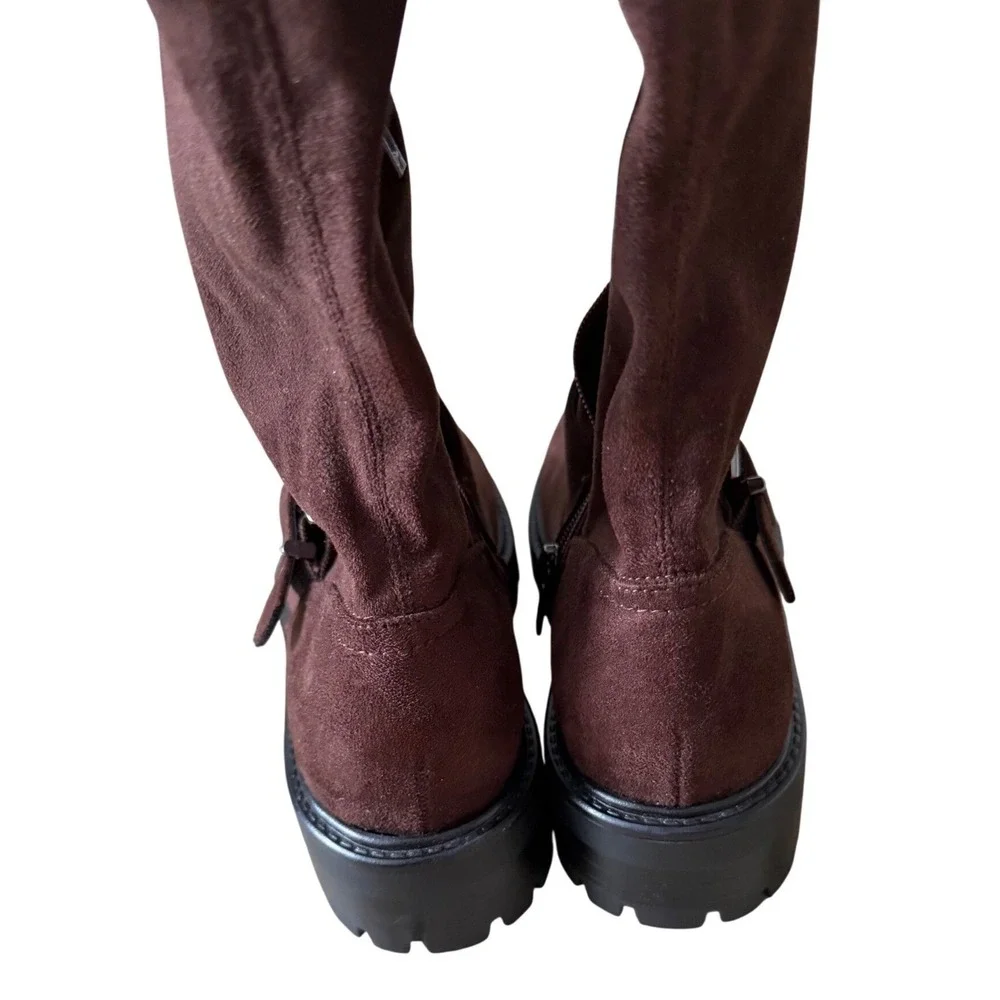 Marc Fisher LTD Ganven Brown Faux Leather Over The Knee Lug Sole Buckle Boot 8